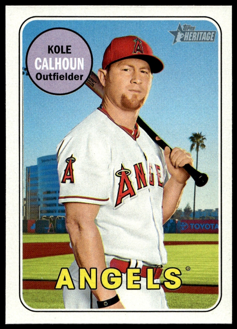 2018 Topps Heritage Kole Calhoun Baseball Card #231, showcasing mid-swing action in Angels uniform.
