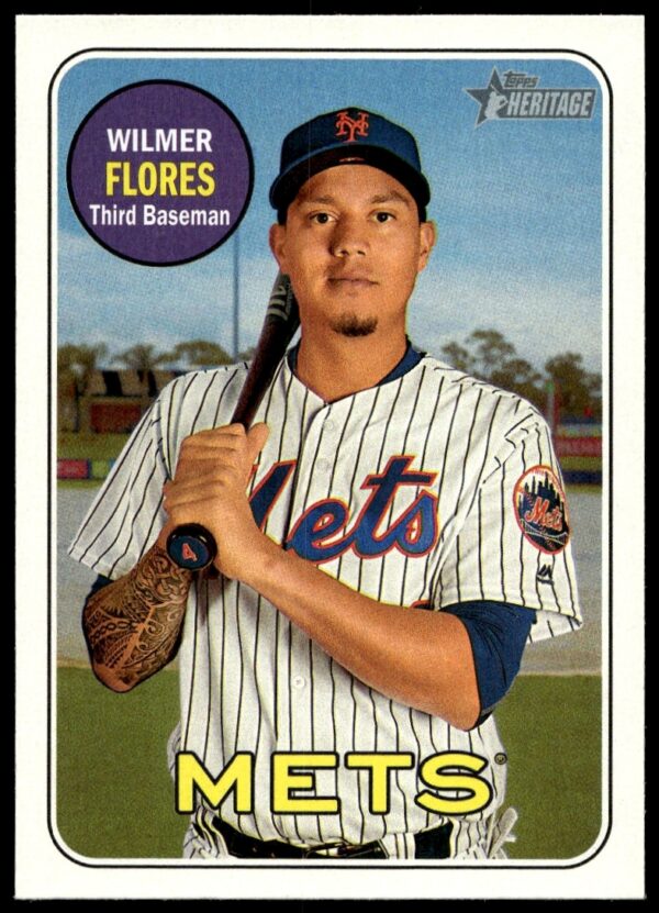 Front of 2018 Topps Heritage Wilmer Flores #19 card, showcasing Mets player with retro design.