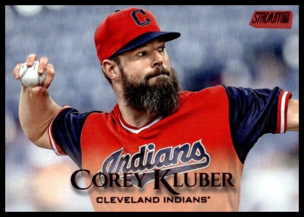 Corey Kluber pitching on 2019 Topps Stadium Club card in Cleveland Indians red uniform.