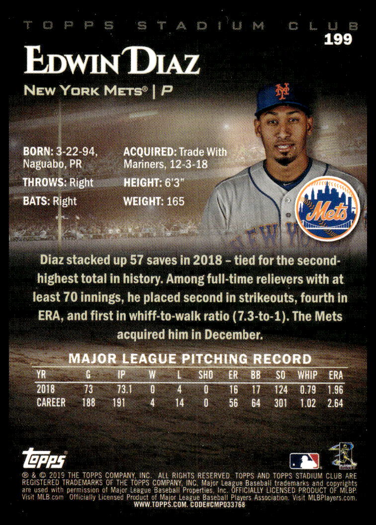 2019 Topps Stadium Club card of Edwin Diaz, New York Mets pitcher, highlights 57 saves in 2018.