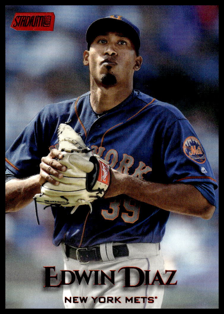 Edwin Diaz pitching action on 2019 Topps Stadium Club baseball card, New York Mets.