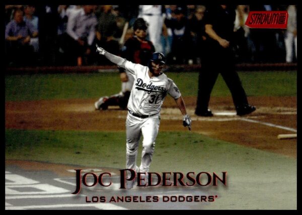 Joc Pederson 2019 Dodgers action trading card, nighttime swing, Topps Stadium Club.