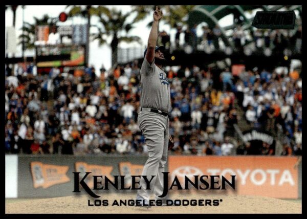 Kenley Jansen Dodgers pitching in action, 2019 Topps Stadium Club card with California backdrop.