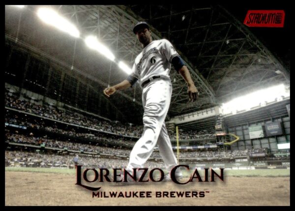 Lorenzo Cain Milwaukee Brewers baseball card, stadium scene, 2019 Topps Red Foil #172.