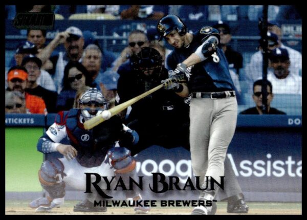 Ryan Braun mid-swing in Milwaukee Brewers away uniform, captured during a professional baseball game.
