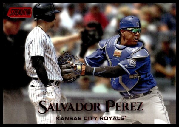 Salvador Perez 2019 Topps card, Royals catcher in action, home plate play, Yankees opponent.