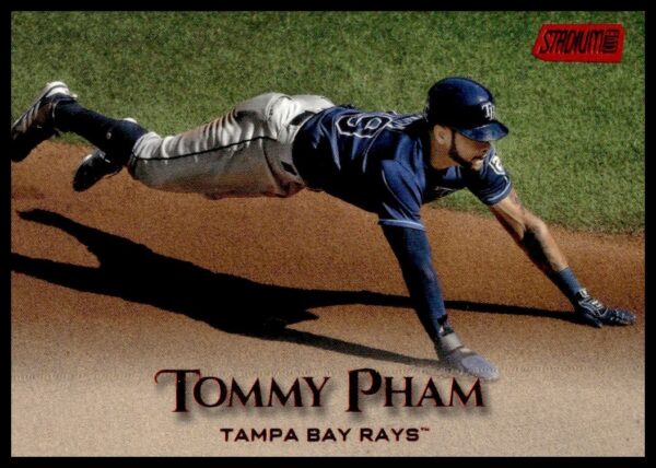 Tommy Pham diving 2019 Topps Stadium Club baseball card, Tampa Bay Rays, Red Foil #295.