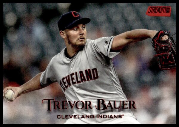Trevor Bauer 2019 card: Cleveland Indians pitcher during night game with dynamic action shot.