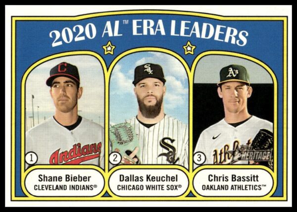 2021 Topps Heritage Card: AL ERA Leaders Bassitt, Keuchel, Bieber #92 (Front)