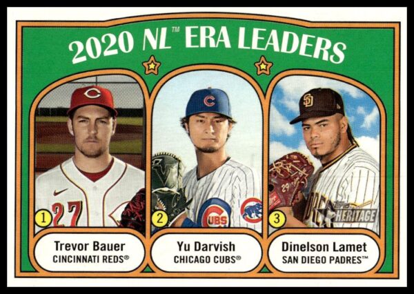 2021 Topps Heritage Card #91 featuring 2020 NL ERA leaders Bauer, Darvish, Lamet.