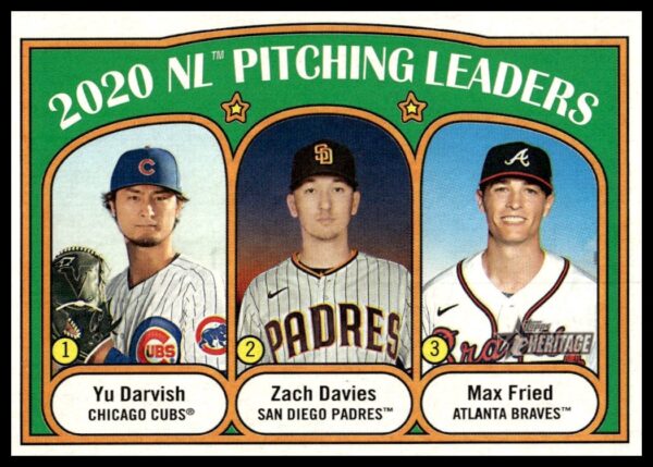 2021 Topps Heritage NL Pitching Leaders Card #93 - Yu Darvish, Zach Davies, Max Fried