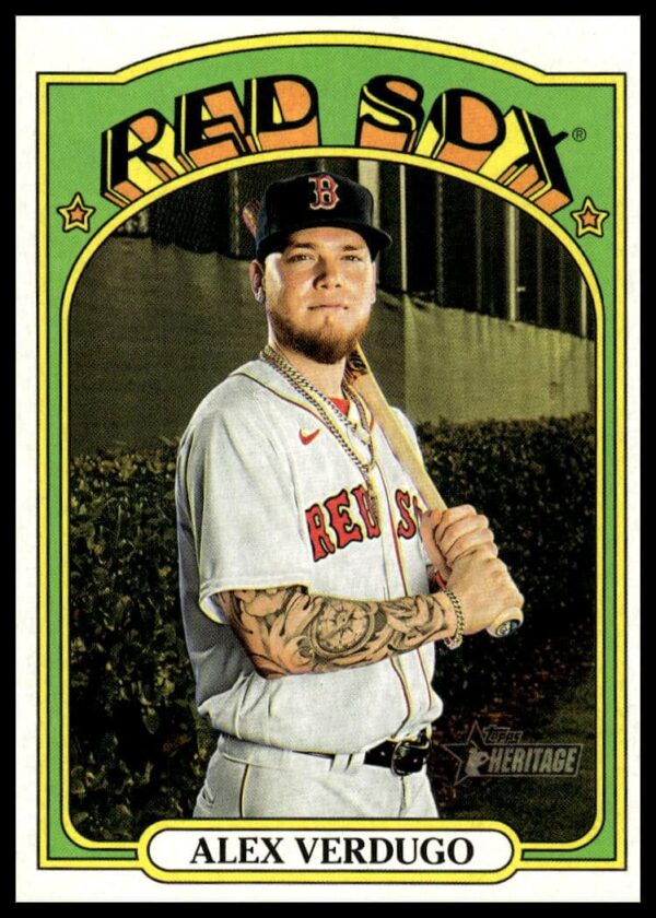 2021 Topps Heritage #285 Alex Verdugo card, featuring Verdugo in Red Sox uniform, classic design.