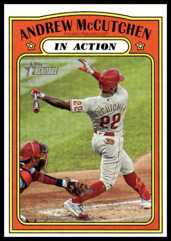 Andrew McCutchen Topps Heritage Card 2021 #240, showcasing his dynamic on-field action.