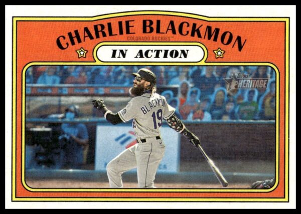 Charlie Blackmon 2021 Topps Heritage baseball card, Rockies uniform, card front #306.