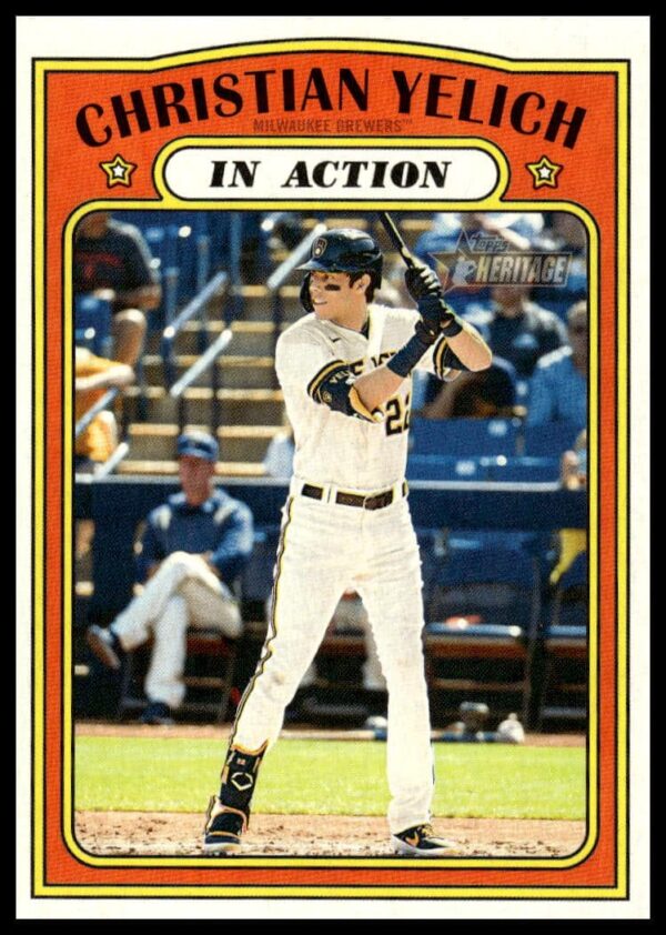 Christian Yelich mid-action Milwaukee Brewers card, 2021 Topps Heritage #252, vintage design.