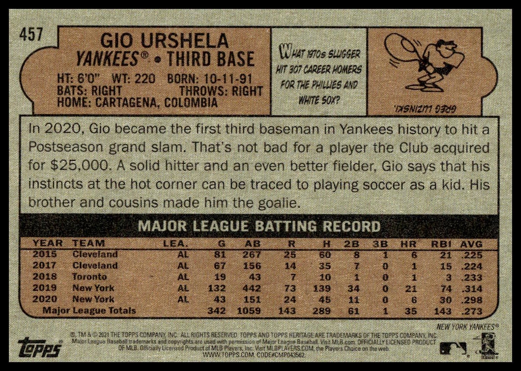 Gio Urshela 2021 Topps Heritage Card Back: Stats, Bio, Career Highlights (#457)