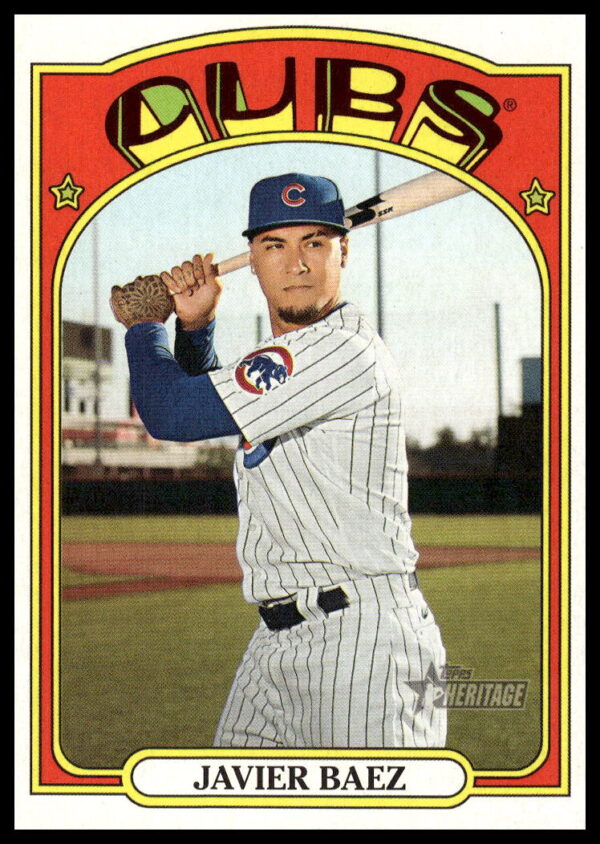 Javier Baez 2021 Topps Heritage card front, vintage design, Chicago Cubs player.