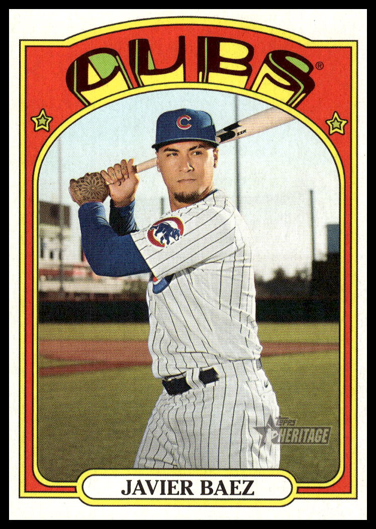 Javier Baez 2021 Topps Heritage card front, vintage design, Chicago Cubs player.