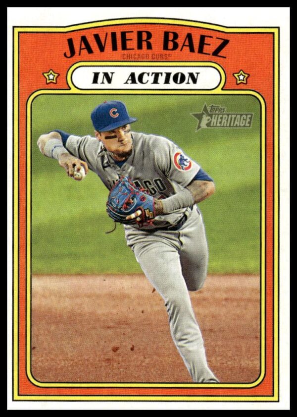 Javier Baez 2021 Topps Heritage Card #52 highlights his dynamic play and charisma.