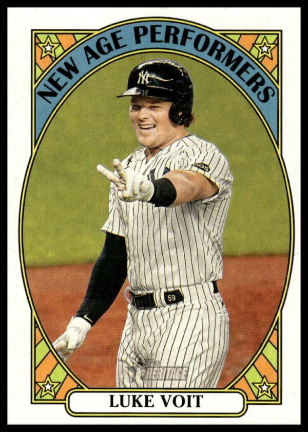 2021 Topps Heritage card featuring MLB player Luke Voit, New Age Performers series, front view.