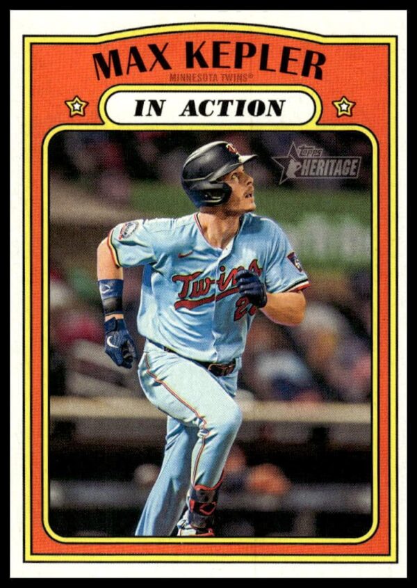 Max Kepler 2021 Topps Heritage Baseball Card in retro Twins uniform, highlighting 1970s style.
