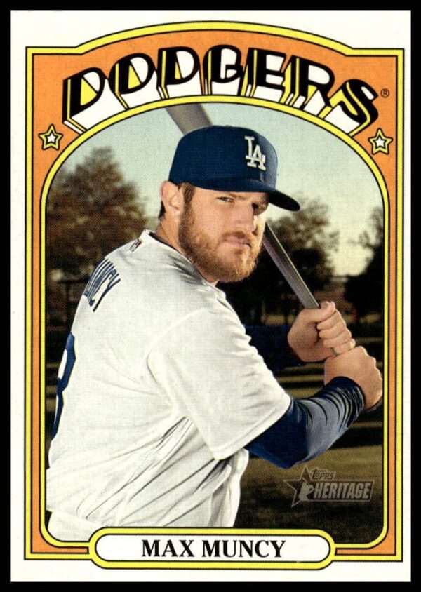Max Muncy 2021 Topps Heritage card features Dodgers uniform and dynamic baseball stance.