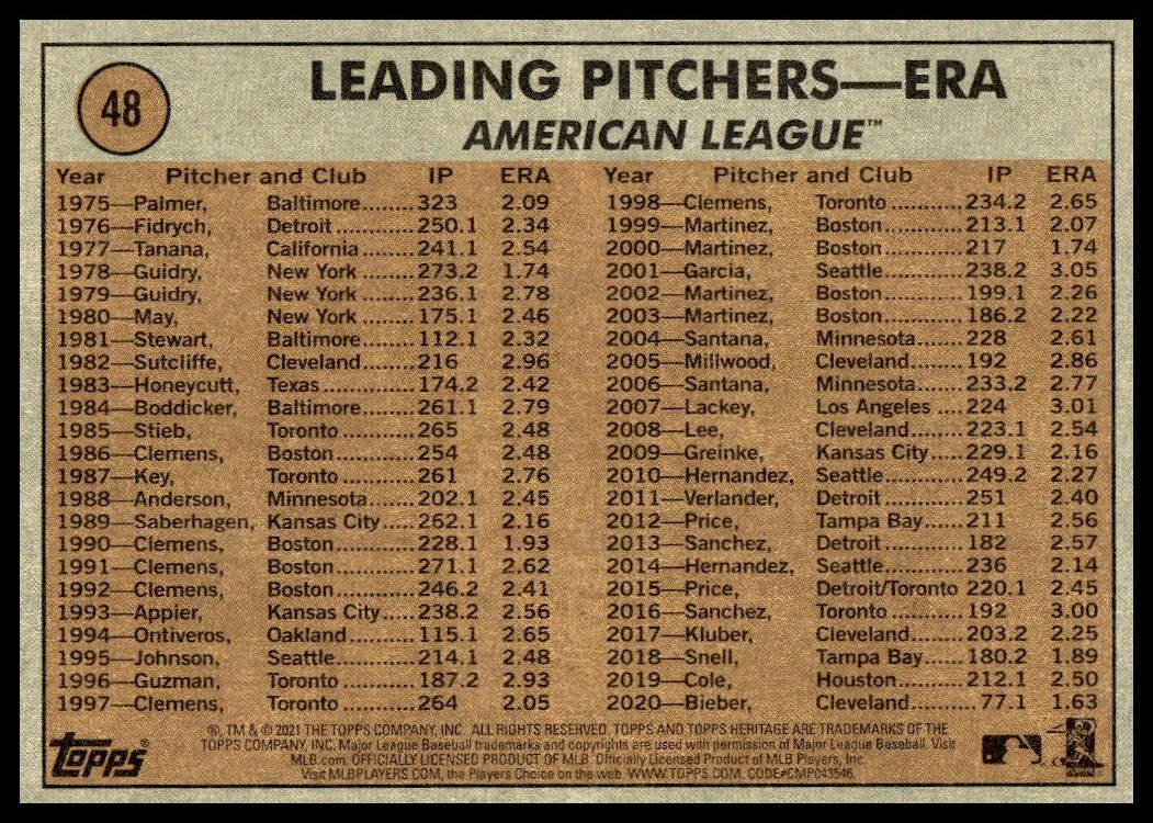 Back of 2021 Topps Heritage Shane Bieber card #48 with stats and bio details.