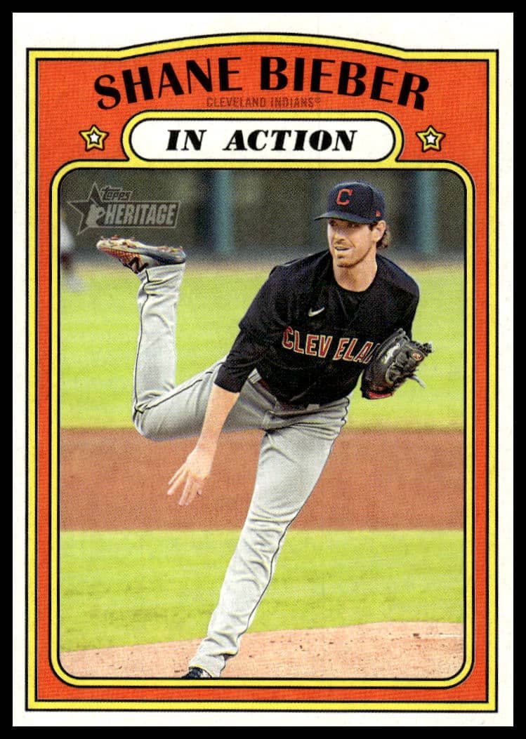 Shane Bieber 2021 Topps Heritage Card #48 in Cleveland Guardians Uniform.