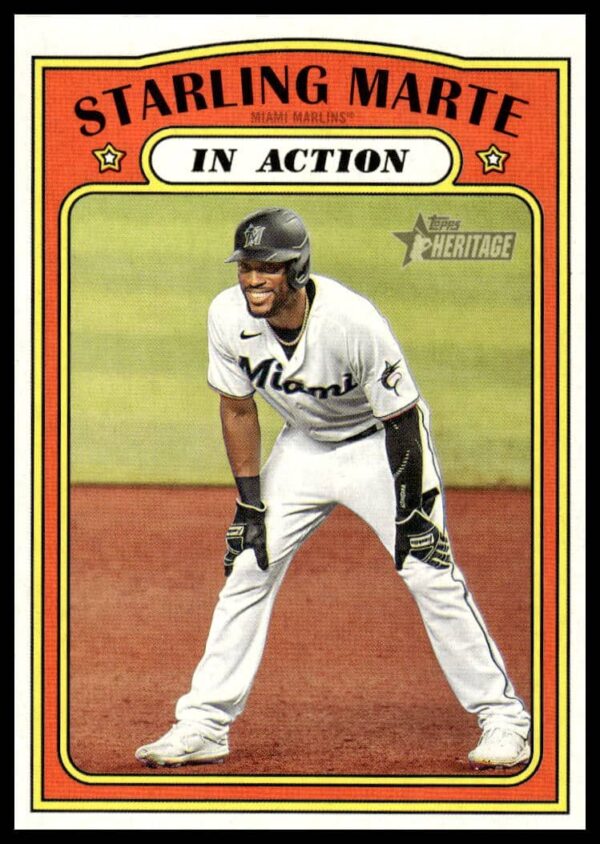 Front of Starling Marte 2021 Topps Heritage baseball card, #132, in athletic stance.