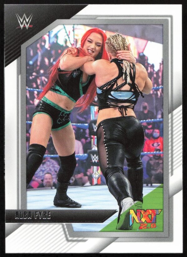 Alba Fyre WWE trading card depicting a dynamic wrestling match from 2022 Panini NXT series.