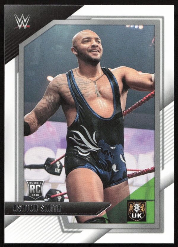 WWE NXT 2.0 Ashton Smith trading card, silver border, muscular build, tattoos, official collectible.