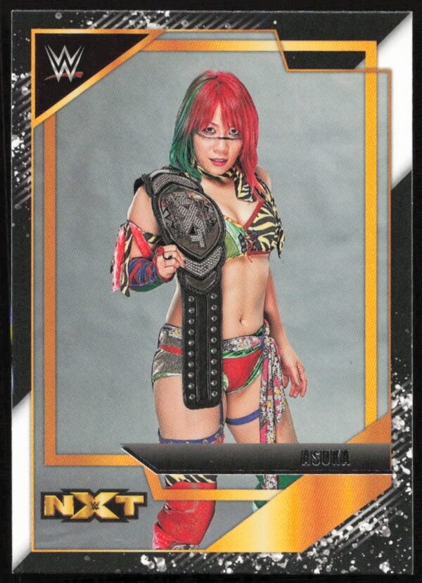 WWE NXT card of Asuka with championship belt, vibrant hair, bold costume, 2022 edition.