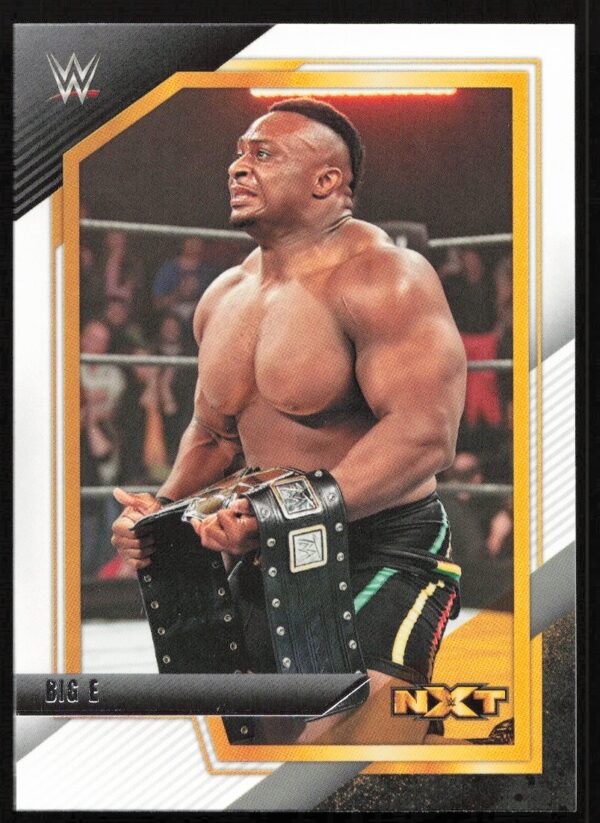 WWE NXT trading card featuring Big E with championship belt, 2022 Panini collection.