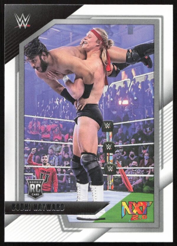 Bodhi Hayward in WWE NXT action with purple-lit backdrop, 2022 Panini trading card.