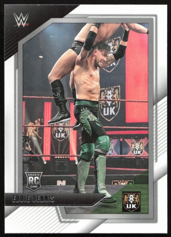 Eddie Dennis executes powerful move in WWE NXT UK match on Panini trading card.
