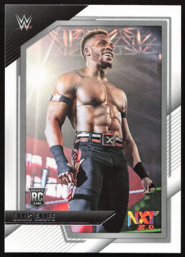 WWE NXT trading card featuring Edris Enofe Rookie Edition showcasing his muscular build in the ring.