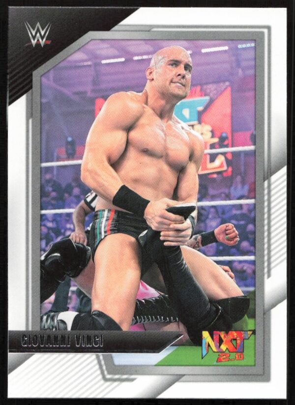 Giovanni Vinci WWE trading card showcasing athleticism at NXT event with modern design.
