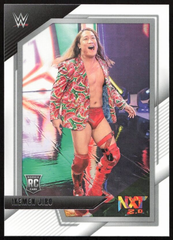 WWE Ikemen Jiro NXT rookie card, vibrant entrance attire, 2022 trading card.