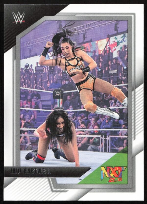 Indi Hartwell WWE NXT trading card showcasing dynamic aerial wrestling action.