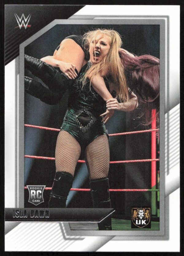 WWE Isla Dawn trading card with dramatic wrestling action shot.