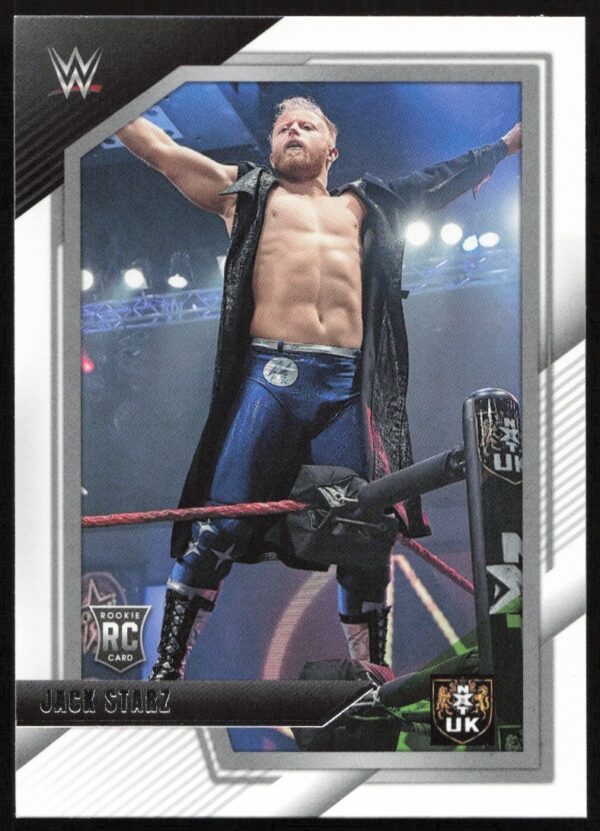 Jack Starz WWE NXT 2022 card, wrestler in blue jeans, arms outstretched in ring.