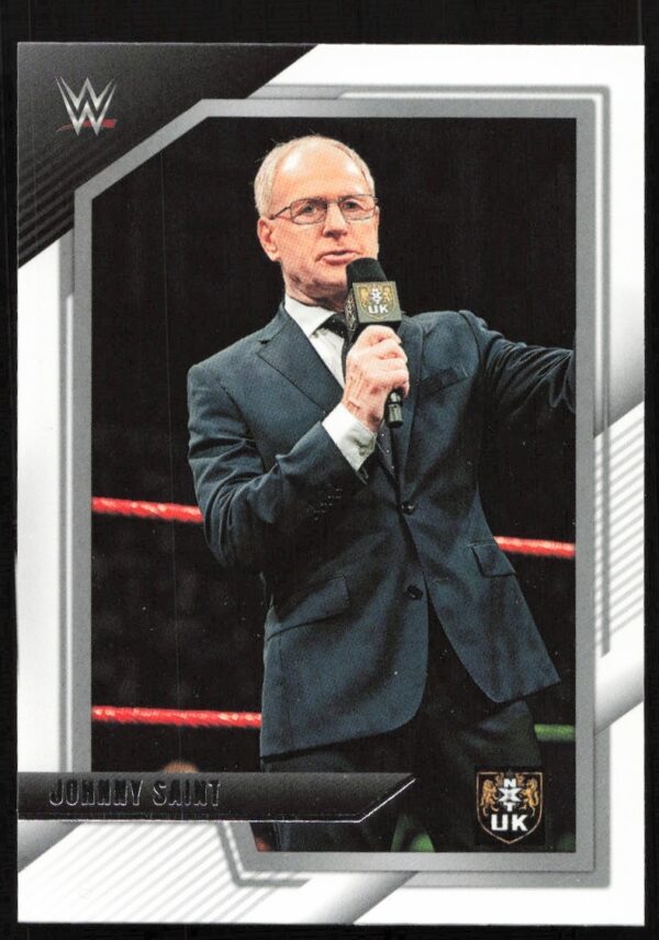 Johnny Saint WWE NXT 2.0 trading card 2022, featuring him in a navy suit in-ring.