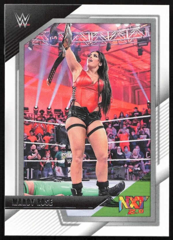 Mandy Rose WWE NXT trading card: dramatic pose, red and black outfit, 2022 Panini collection.