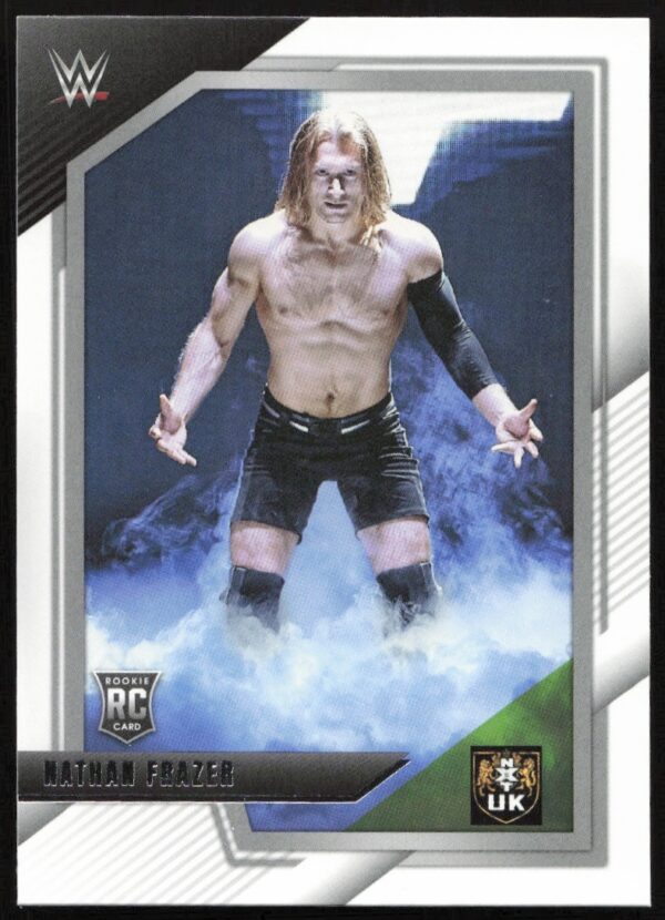 Nathan Frazer WWE NXT card, 2022 edition: intense pose, smoky background, official logos.