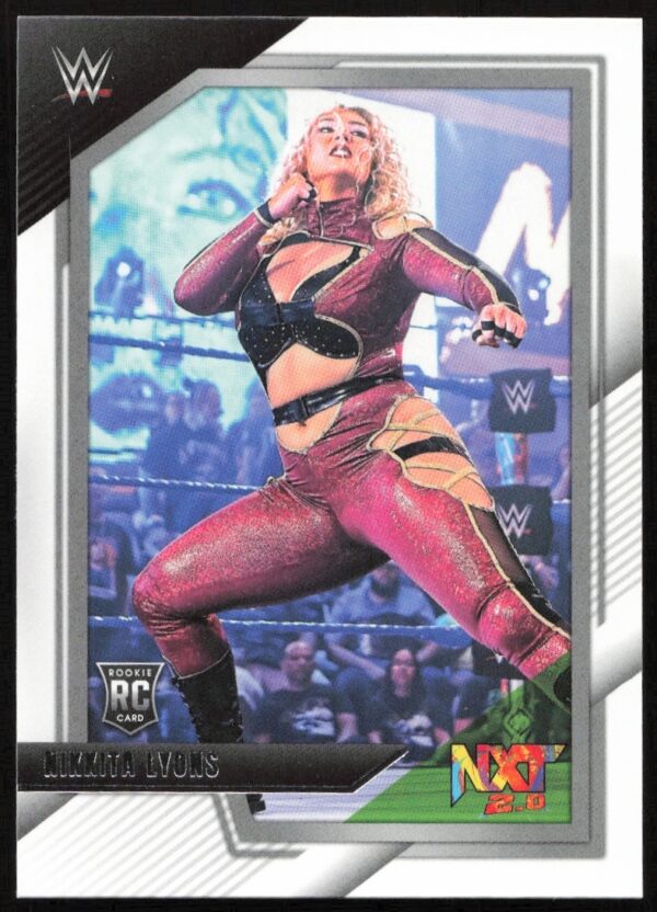 Nikkita Lyons WWE NXT trading card, dynamic pose in red and black ring attire.