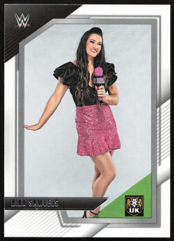 WWE trading card featuring wrestler Nina Samuels in a pink dress, microphone in hand.