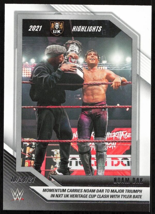 WWE NXT 2021 trading card featuring Noam Dar in action, iconic red ring ropes.