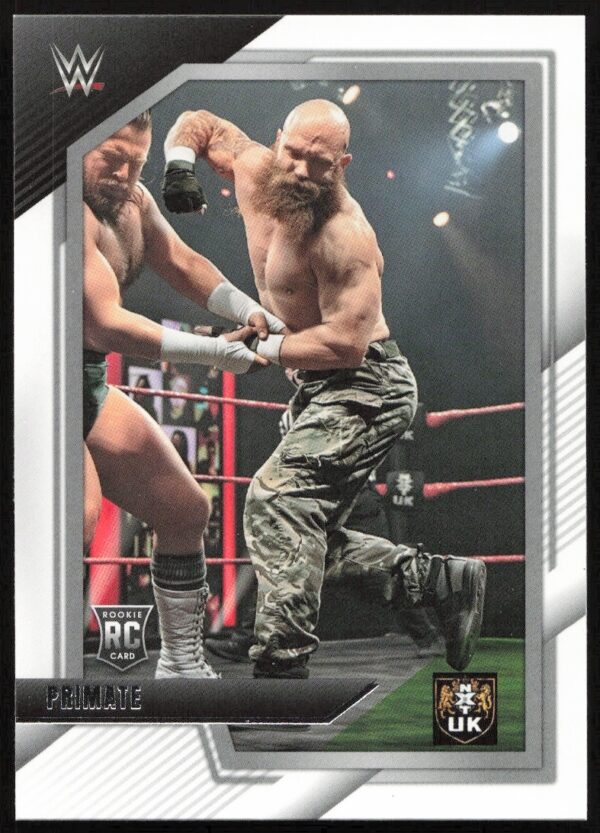 Dynamic WWE wrestling card featuring camouflage-clad wrestler in intense match, 2022 Panini NXT.