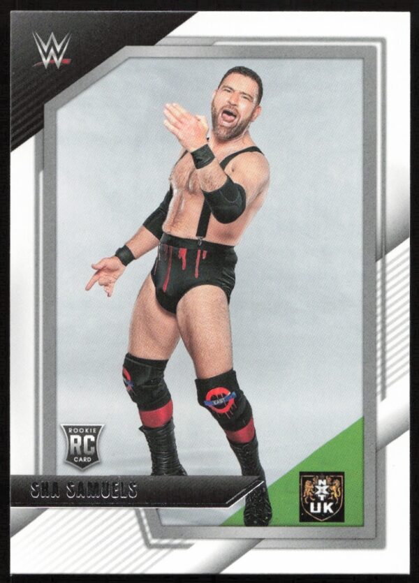 2022 WWE Panini NXT Sha Samuels rookie card with dynamic pose and silver borders.