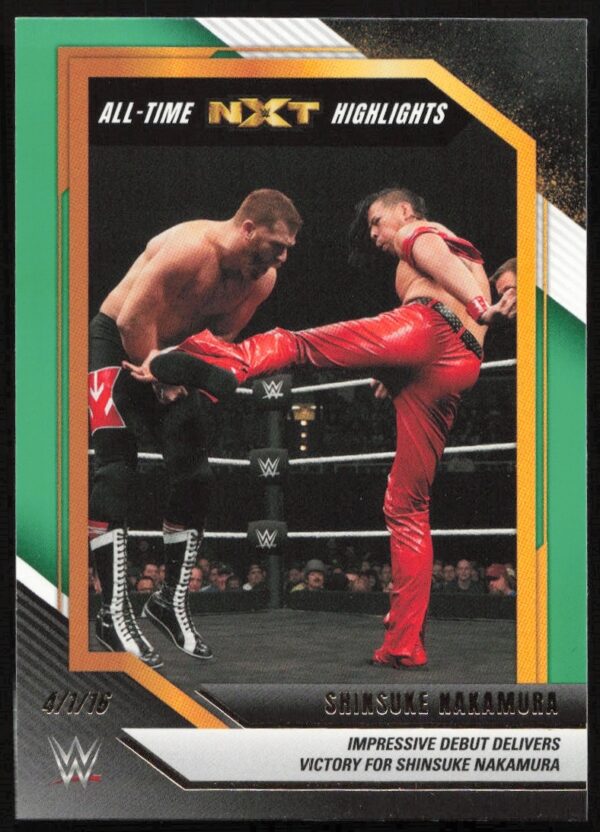NXT card of Shinsuke Nakamuras high kick; athletic wrestling moment captured in 2022.